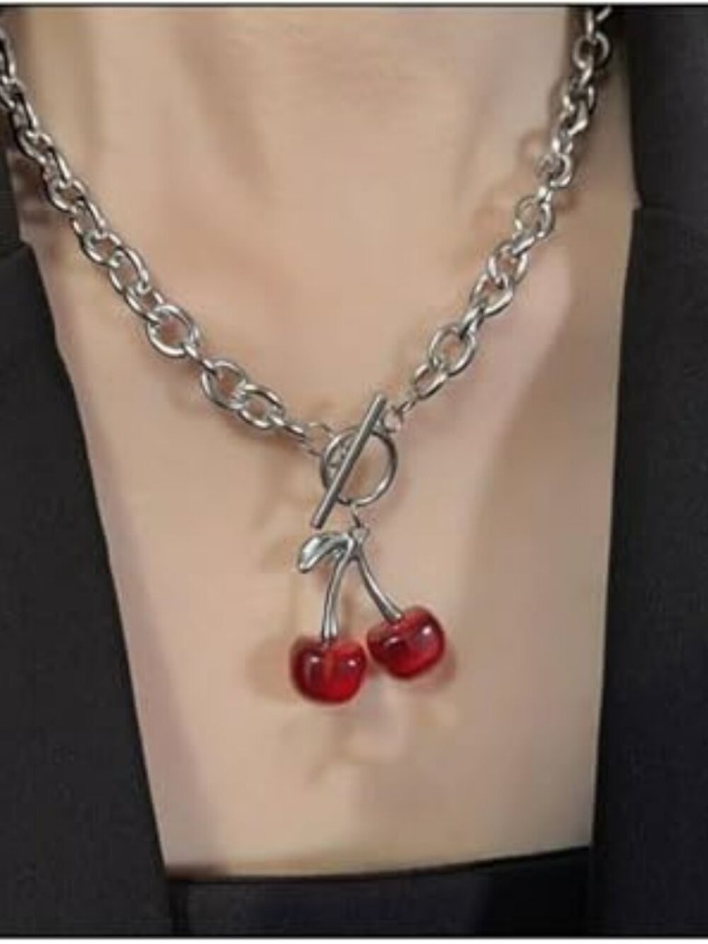 NEW Cherry Necklace Choker Chunky Chain Collar Silver w Red Cherries Stainless